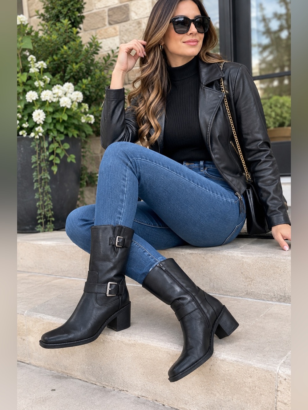 BareTraps Black Leather Mid-Calf Buckle Heeled Boots